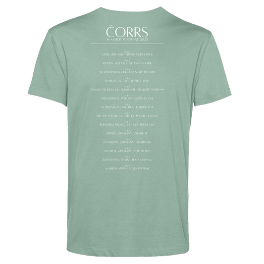 The Corrs 2025 Band Line Up Green T-Shirt from The Corrs Store by National Merchandise features a light green, organic ring-spun combed fabric with white text listing tour locations and dates on the back, shown on a bright green background.