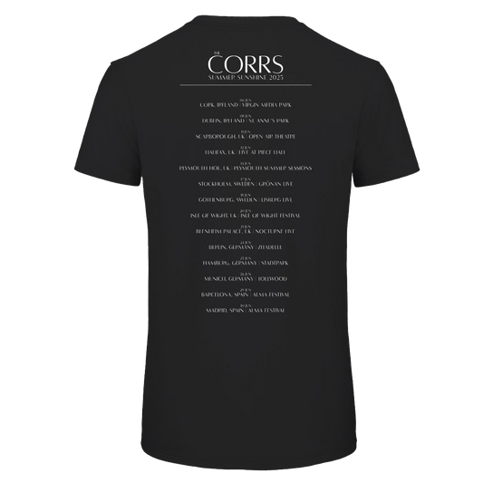 The Corrs 2025 Photoshoot Black T-Shirt from The Corrs Store by National Merchandise features soft ring-spun fabric, Summer Sunshine 2025 on the front, and a tour city/date list on the back in white text against a bright green background.