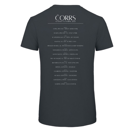 The Corrs 2025 Faces Line Up Asphalt T-Shirt by The Corrs Store features tour cities in white on the back, made from soft organic ring-spun cotton. Displayed on a bright green background for standout style.
