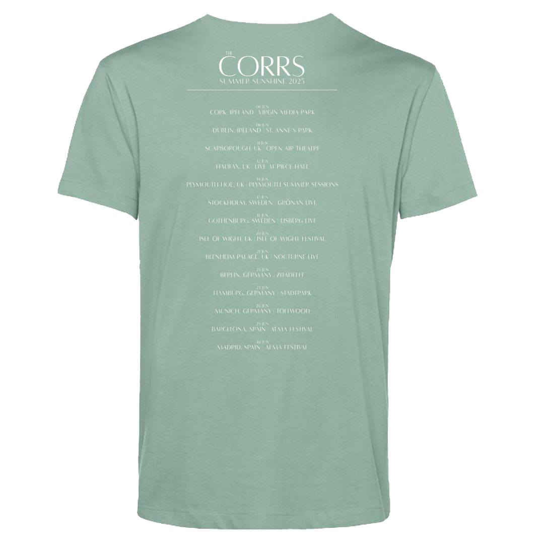 The Corrs 2025 Band Line Up Green T-Shirt from The Corrs Store by National Merchandise features a light green, organic ring-spun combed fabric with white text listing tour locations and dates on the back, shown on a bright green background.