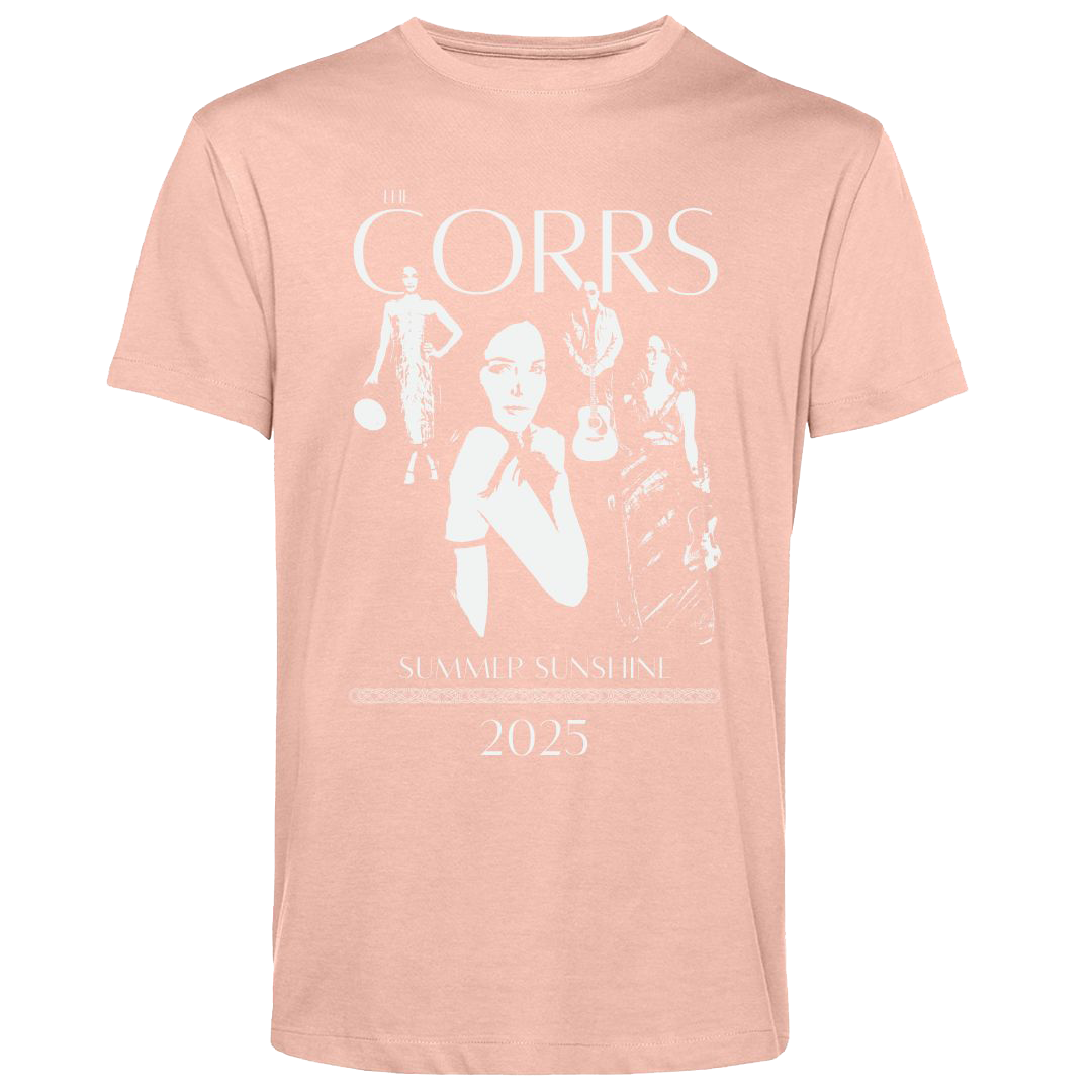 The Corrs 2025 Band Line Up Soft Rose T-Shirt from The Corrs Store by National Merchandise features white graphics of the band, THE CORRS, SUMMER SUNSHINE, and 2025 on pre-shrunk, ring-spun combed fabric. Background: bright green.