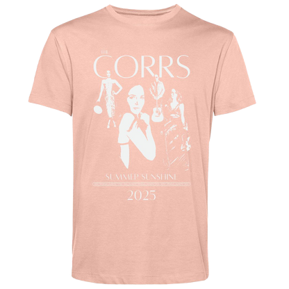 The Corrs 2025 Band Line Up Soft Rose T-Shirt from The Corrs Store by National Merchandise features white graphics of the band, THE CORRS, SUMMER SUNSHINE, and 2025 on pre-shrunk, ring-spun combed fabric. Background: bright green.