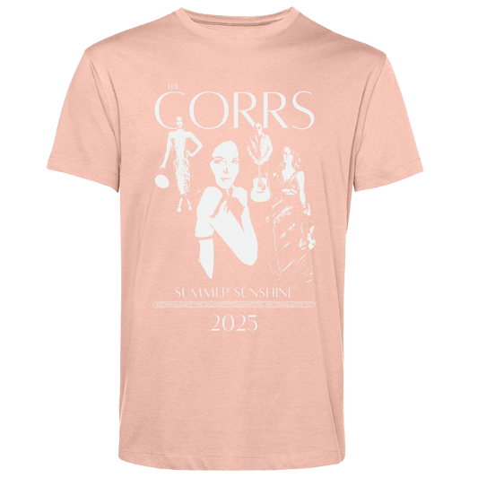 The Corrs 2025 Band Line Up Soft Rose T-Shirt from The Corrs Store by National Merchandise features white graphics of the band, THE CORRS, SUMMER SUNSHINE, and 2025 on pre-shrunk, ring-spun combed fabric. Background: bright green.
