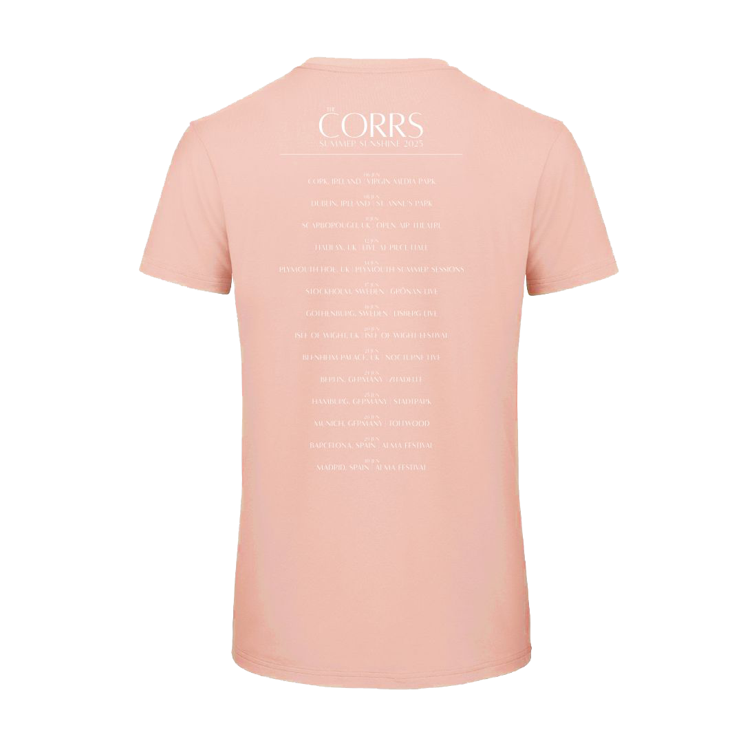 The Corrs 2025 Band Line Up Soft Rose T-Shirt from The Corrs Store by National Merchandise features white back text with The Corrs at the top and tour-style details, made of pre-shrunk, ring-spun combed fabric on a bright green background.