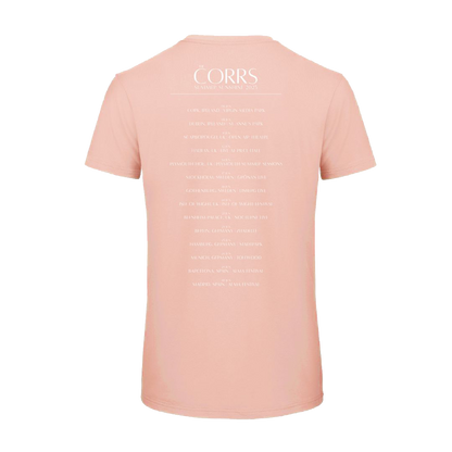 The Corrs 2025 Band Line Up Soft Rose T-Shirt from The Corrs Store by National Merchandise features white back text with The Corrs at the top and tour-style details, made of pre-shrunk, ring-spun combed fabric on a bright green background.