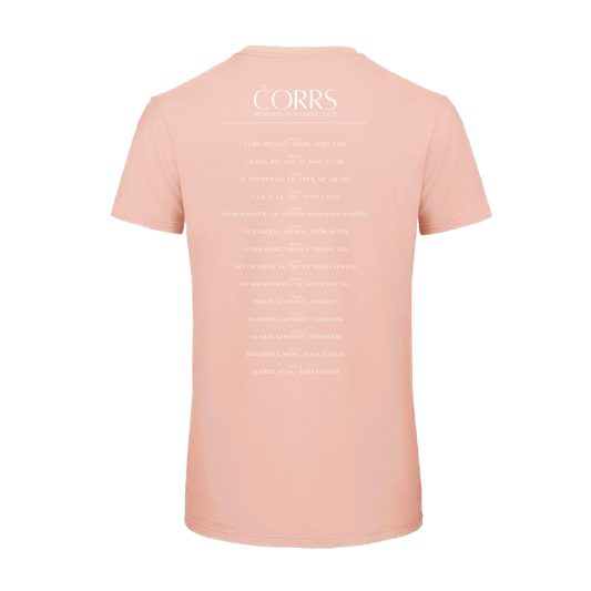 The Corrs 2025 Band Line Up Soft Rose T-Shirt from The Corrs Store by National Merchandise features white back text with The Corrs at the top and tour-style details, made of pre-shrunk, ring-spun combed fabric on a bright green background.