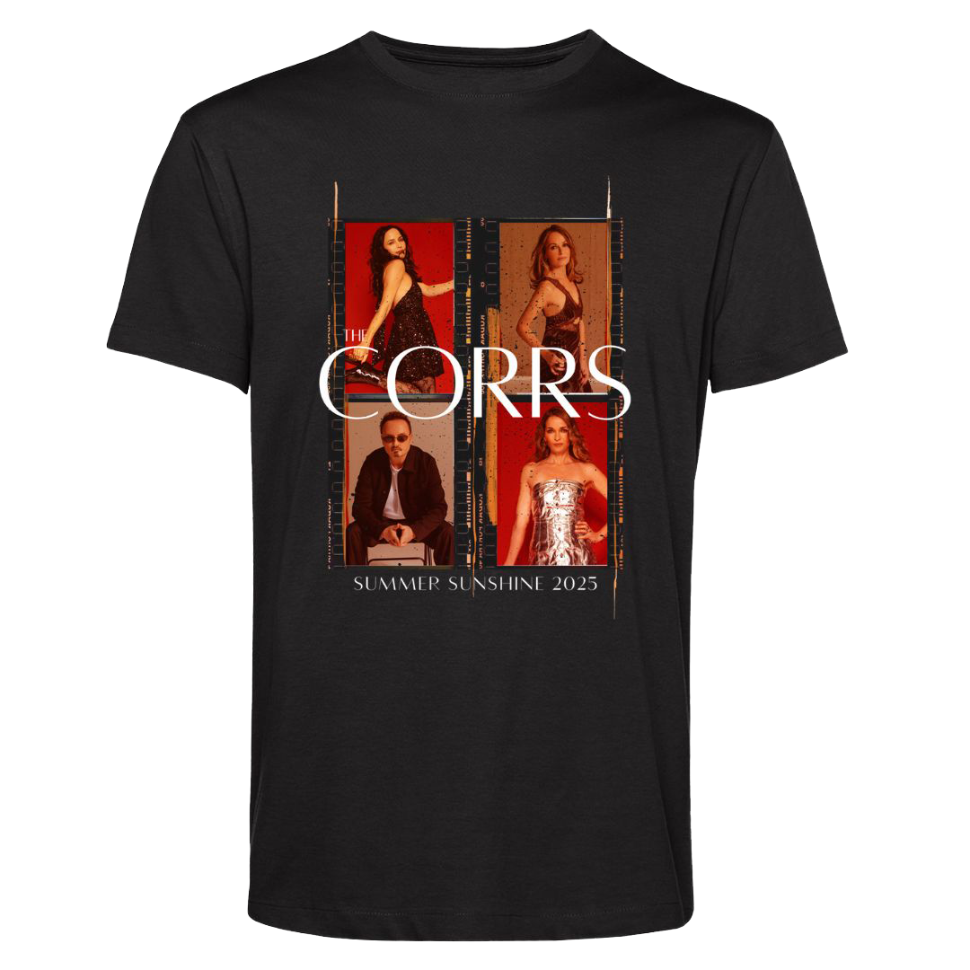 The Corrs 2025 Photoshoot Black T-Shirt from The Corrs Store by National Merchandise features four band member photos, “The Corrs,” and “Summer Sunshine 2025” in white on a bright lime green background with pre-shrunk fabric.
