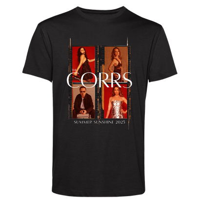 The Corrs 2025 Photoshoot Black T-Shirt from The Corrs Store by National Merchandise features four band member photos, “The Corrs,” and “Summer Sunshine 2025” in white on a bright lime green background with pre-shrunk fabric.