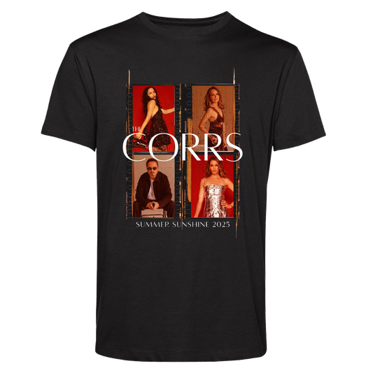 The Corrs 2025 Photoshoot Black T-Shirt from The Corrs Store by National Merchandise features four band member photos, “The Corrs,” and “Summer Sunshine 2025” in white on a bright lime green background with pre-shrunk fabric.