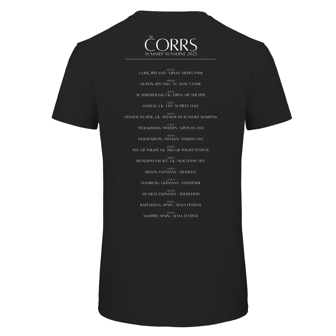 The Corrs 2025 Photoshoot Black T-Shirt from The Corrs Store by National Merchandise features soft ring-spun fabric, Summer Sunshine 2025 on the front, and a tour city/date list on the back in white text against a bright green background.