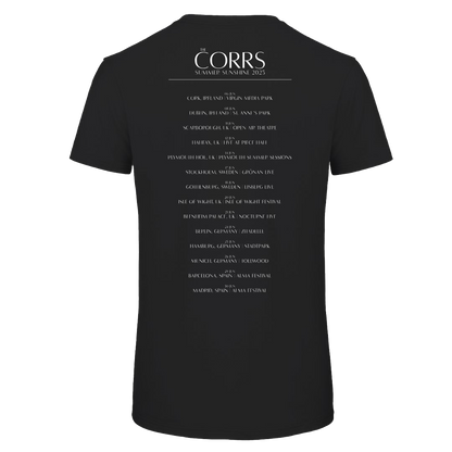 The Corrs 2025 Photoshoot Black T-Shirt from The Corrs Store by National Merchandise features soft ring-spun fabric, Summer Sunshine 2025 on the front, and a tour city/date list on the back in white text against a bright green background.
