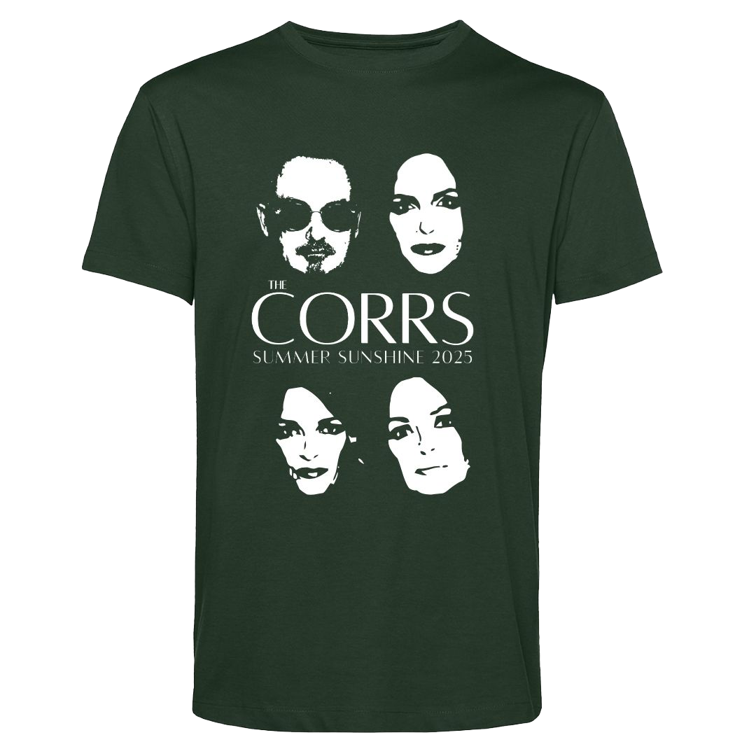 The Corrs 2025 Faces Line Up Green T-Shirt from The Corrs Store by National Merchandise features four stylized faces, The Corrs, and Summer Sunshine 2025 on organic, pre-shrunk dark green fabric with a neon green background.