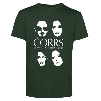 The Corrs 2025 Faces Line Up Green T-Shirt from The Corrs Store by National Merchandise features four stylized faces, The Corrs, and Summer Sunshine 2025 on organic, pre-shrunk dark green fabric with a neon green background.
