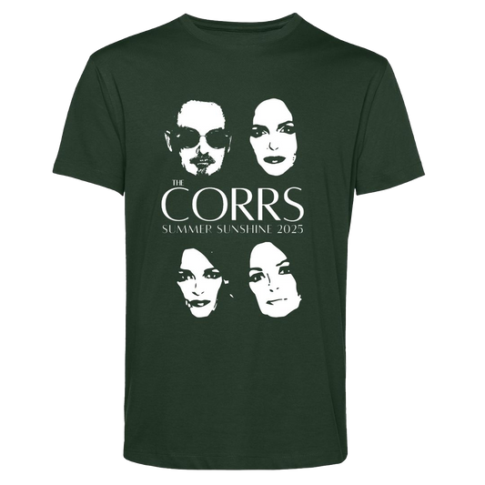 The Corrs 2025 Faces Line Up Green T-Shirt from The Corrs Store by National Merchandise features four stylized faces, The Corrs, and Summer Sunshine 2025 on organic, pre-shrunk dark green fabric with a neon green background.