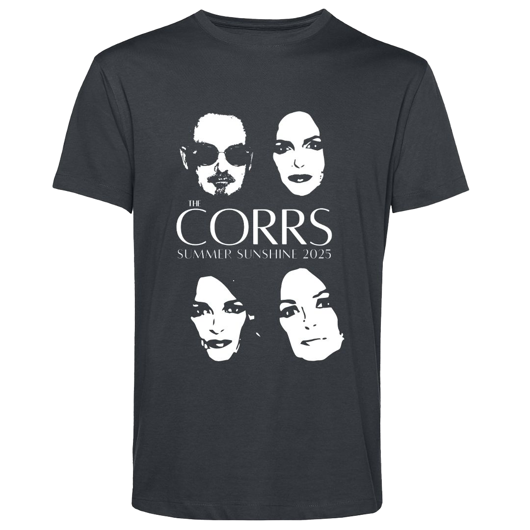 The Corrs 2025 Faces Line Up Asphalt T-Shirt from The Corrs Store by National Merchandise is made of 100% pre-shrunk organic fabric and features four white face graphics with THE CORRS and SUMMER SUNSHINE 2025 below on black.