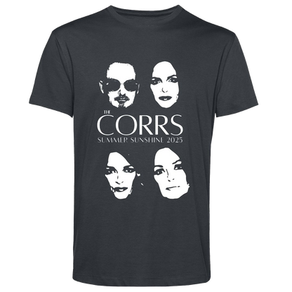 The Corrs 2025 Faces Line Up Asphalt T-Shirt from The Corrs Store by National Merchandise is made of 100% pre-shrunk organic fabric and features four white face graphics with THE CORRS and SUMMER SUNSHINE 2025 below on black.