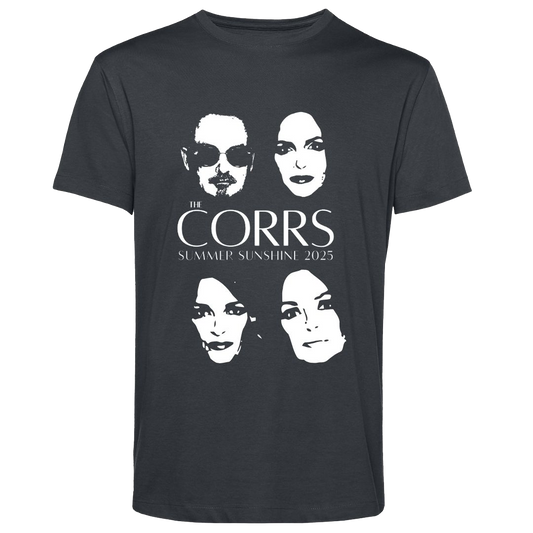 The Corrs 2025 Faces Line Up Asphalt T-Shirt from The Corrs Store by National Merchandise is made of 100% pre-shrunk organic fabric and features four white face graphics with THE CORRS and SUMMER SUNSHINE 2025 below on black.