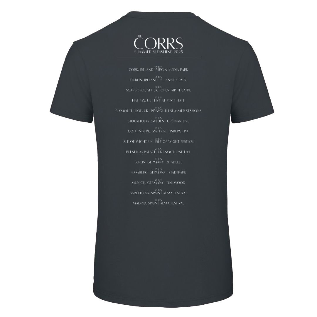 The Corrs 2025 Faces Line Up Asphalt T-Shirt by The Corrs Store features tour cities in white on the back, made from soft organic ring-spun cotton. Displayed on a bright green background for standout style.