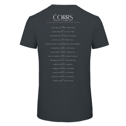 The Corrs 2025 Faces Line Up Asphalt T-Shirt by The Corrs Store features tour cities in white on the back, made from soft organic ring-spun cotton. Displayed on a bright green background for standout style.