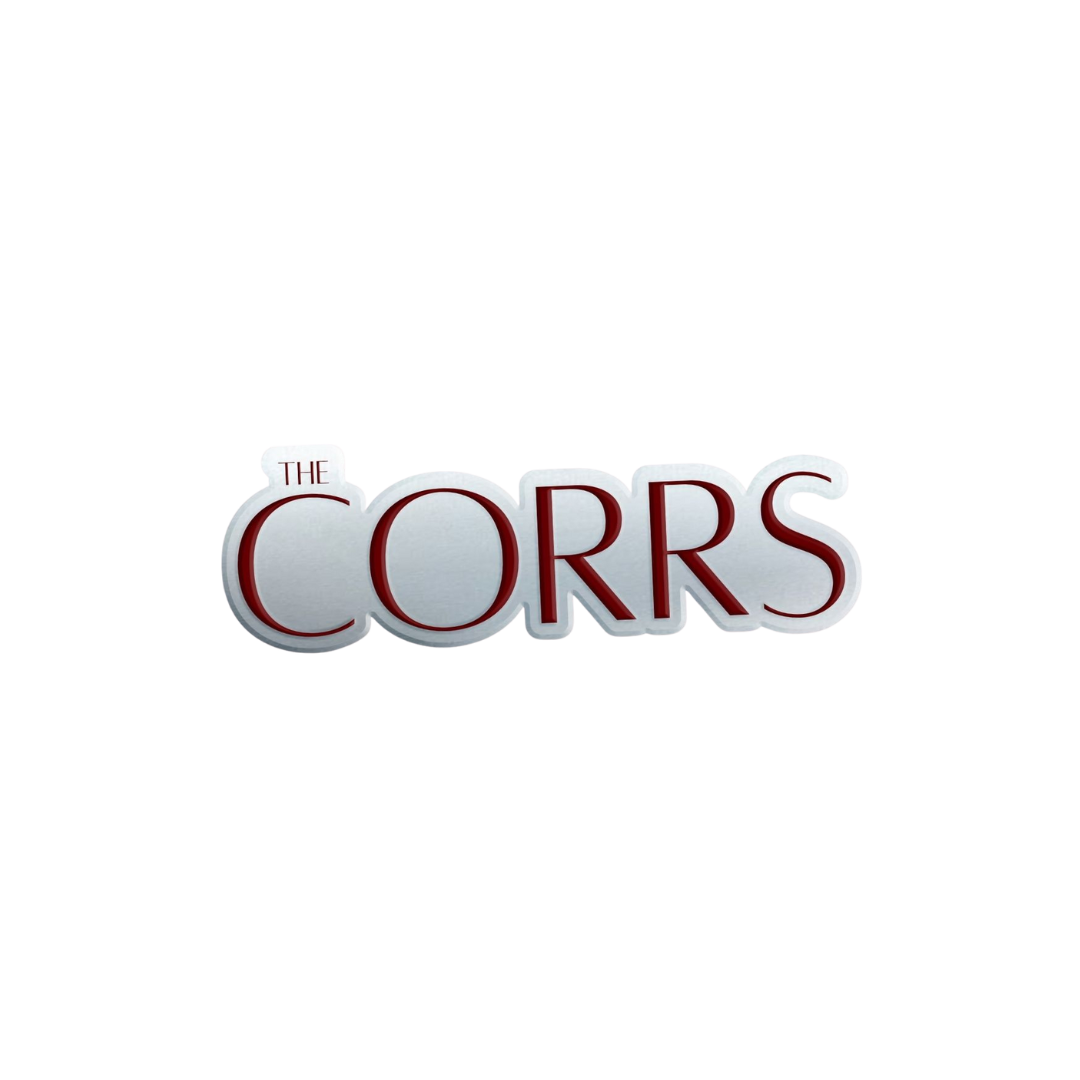 The image shows THE CORRS in large, bold letters with a white background and red outline, featured on The Corrs Pin Badge from The Corrs Store by National Merchandise.