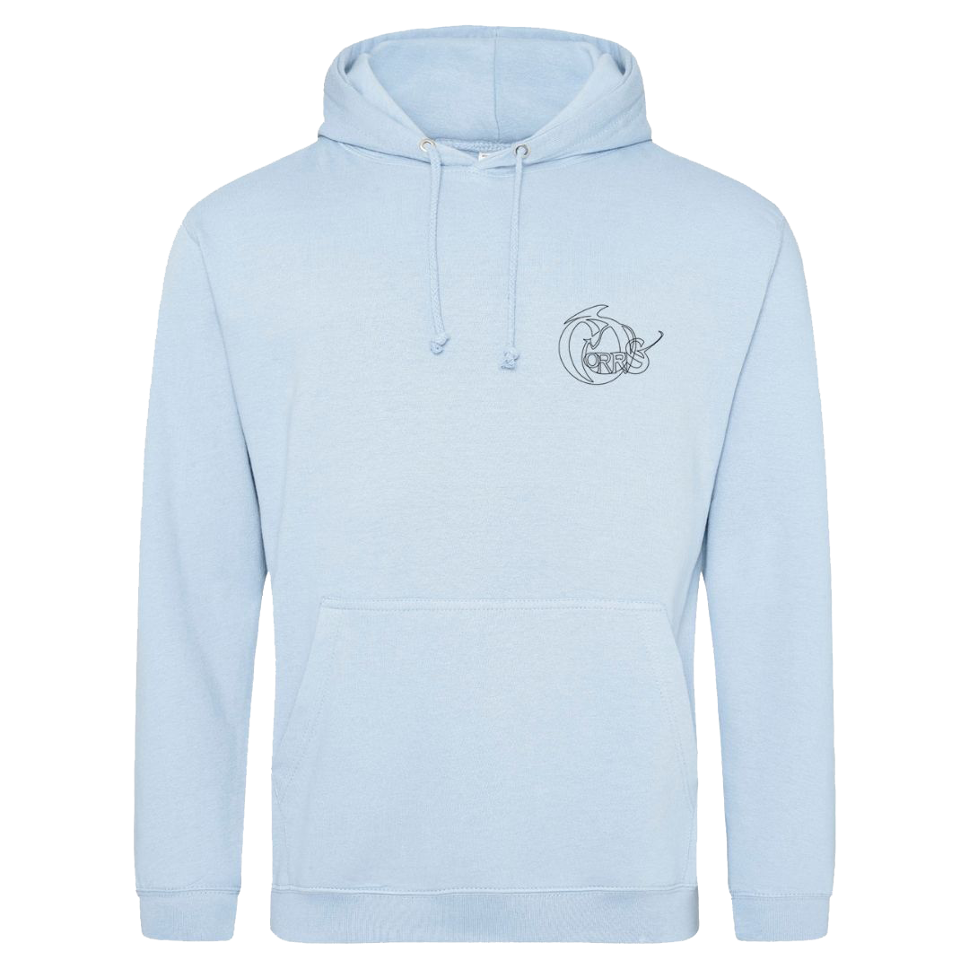 The Corrs Line Art Blue Hoodie from The Corrs Store by National Merchandise is a light blue ringspun cotton-poly blend with a front pocket, drawstrings, and a small black-outlined cat graphic inside the letter C on the left chest. Bright lime green background.
