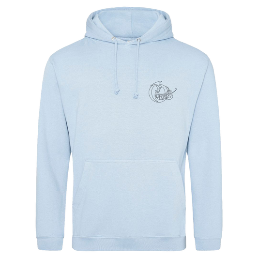 The Corrs Line Art Blue Hoodie from The Corrs Store by National Merchandise is a light blue ringspun cotton-poly blend with a front pocket, drawstrings, and a small black-outlined cat graphic inside the letter C on the left chest. Bright lime green background.