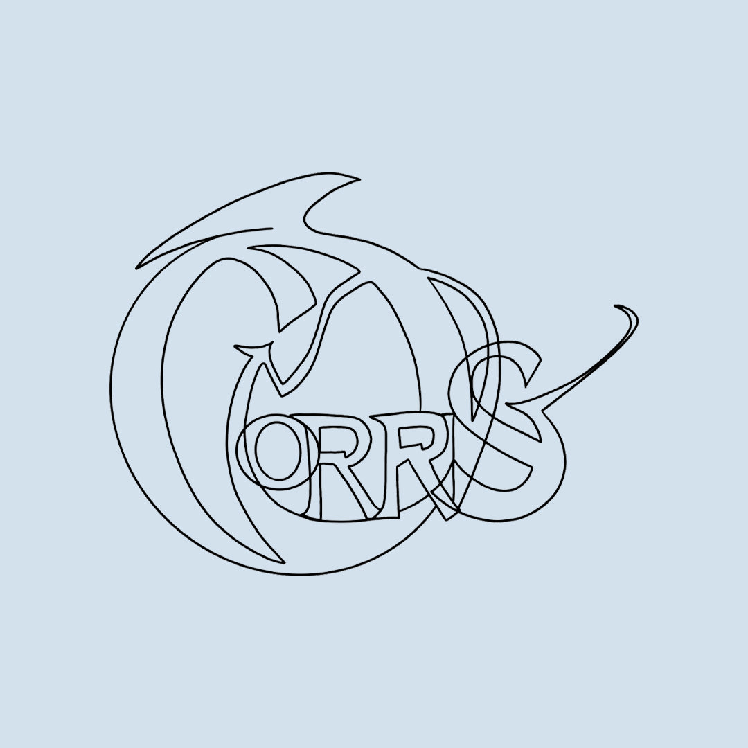 The Corrs Line Art Blue Hoodie from The Corrs Store by National Merchandise features a black line art CORRS logo with stylized overlapping letters and a swirling design, inspired by ringspun cotton textures on a light blue background.