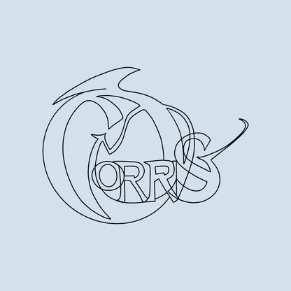 The Corrs Line Art Blue Hoodie from The Corrs Store by National Merchandise features a black line art CORRS logo with stylized overlapping letters and a swirling design, inspired by ringspun cotton textures on a light blue background.