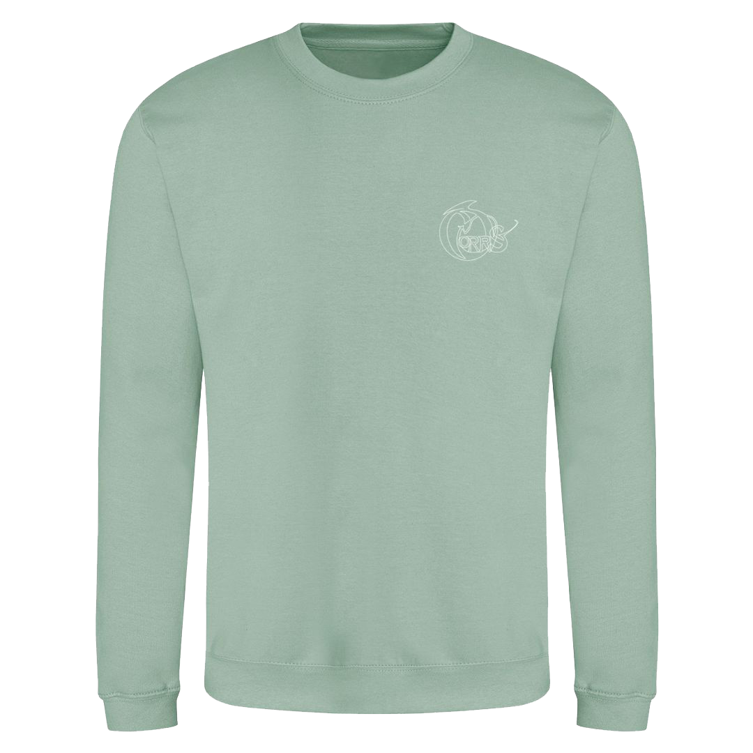 The Corrs Store by National Merchandise presents The Corrs Line Art Green Sweatshirt—a light green crewneck in soft ringspun cotton with a small white circular logo on the left chest, shown on a bright green background.