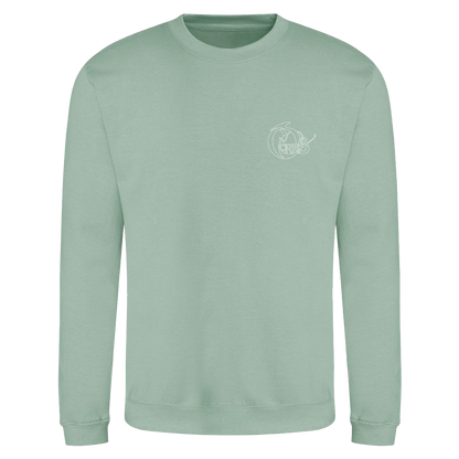 The Corrs Store by National Merchandise presents The Corrs Line Art Green Sweatshirt—a light green crewneck in soft ringspun cotton with a small white circular logo on the left chest, shown on a bright green background.