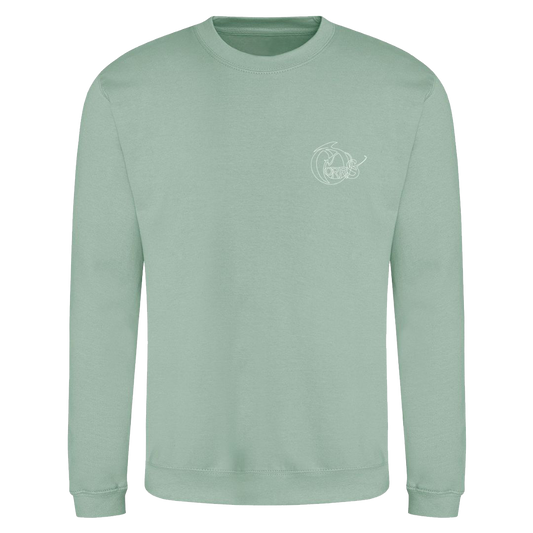 The Corrs Store by National Merchandise presents The Corrs Line Art Green Sweatshirt—a light green crewneck in soft ringspun cotton with a small white circular logo on the left chest, shown on a bright green background.