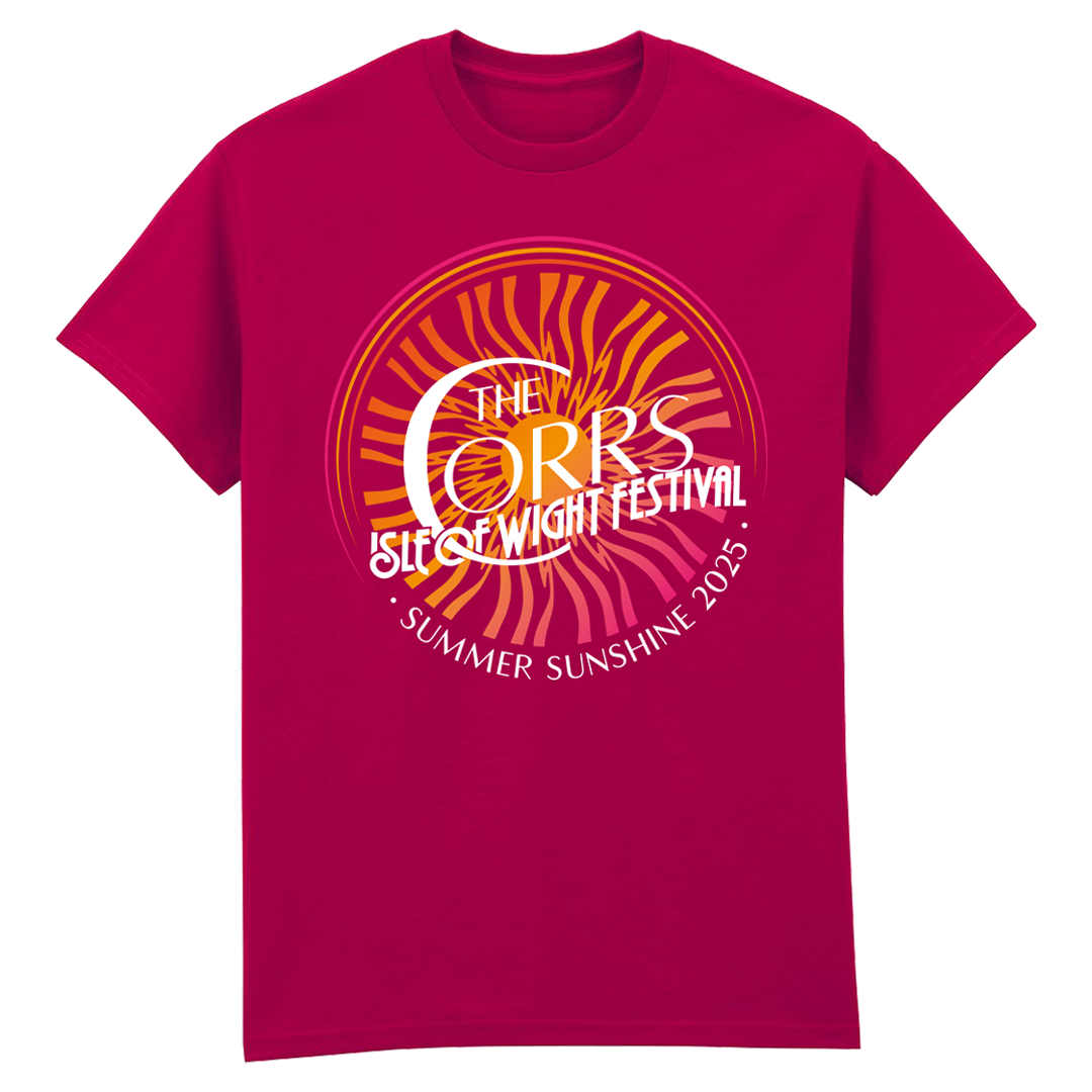 The Corrs 2025 Isle Of Wight Red T-Shirt from The Corrs Store by National Merchandise features a yellow and orange sunburst graphic and white ISLE OF WIGHT FESTIVAL SUMMER SUNSHINE 2025 text on the front.