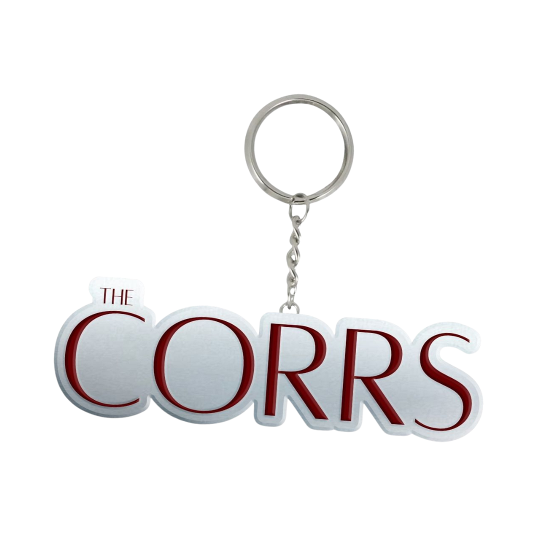 The Corrs Keyring from The Corrs Store by National Merchandise features a bold red embossed THE CORRS logo on a sturdy silver metal key ring.