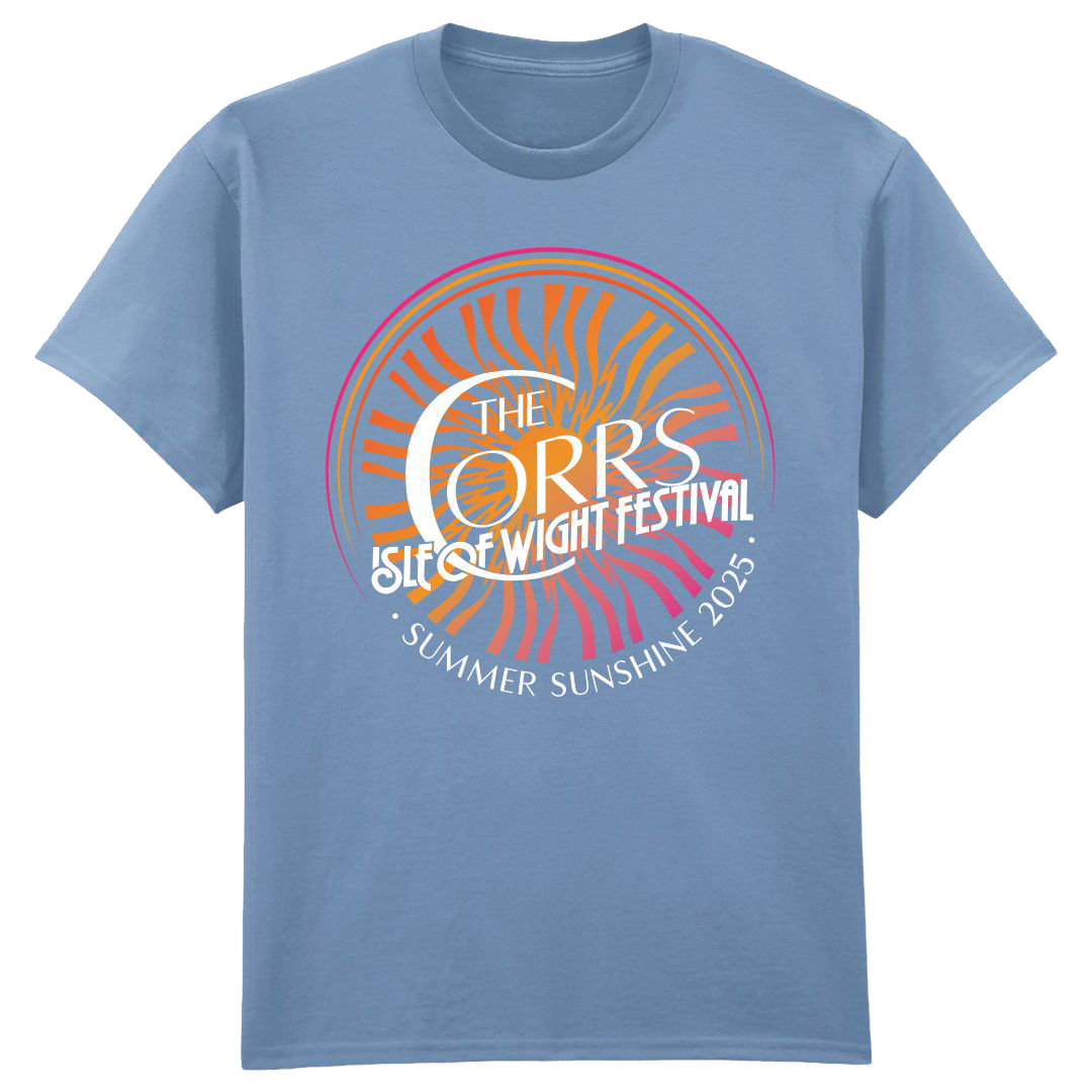 The Corrs 2025 Isle Of Wight Blue T-Shirt from The Corrs Store by National Merchandise features a circular orange sun with wavy rays and white The Corrs Isle of Wight Festival, Summer Sunshine 2025 text on a bright green background.