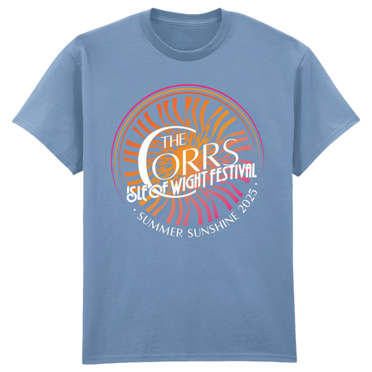 The Corrs 2025 Isle Of Wight Blue T-Shirt from The Corrs Store by National Merchandise features a circular orange sun with wavy rays and white The Corrs Isle of Wight Festival, Summer Sunshine 2025 text on a bright green background.