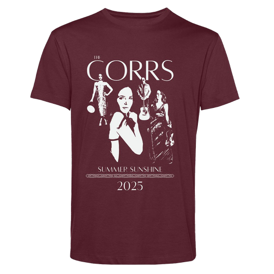 The Corrs 2025 Band Line Up Burgundy T-Shirt by The Corrs Store features pre-shrunk organic 145gsm fabric with “The Corrs” in white, images of three band members, “Summer Sunshine,” and “2025” on a bright green background.