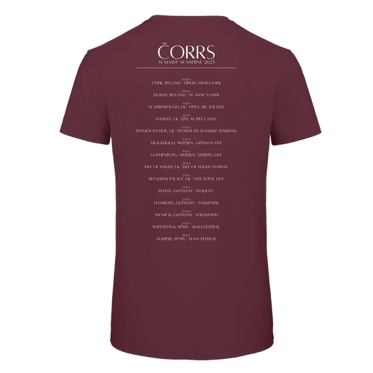 The Corrs 2025 Band Line Up Burgundy T-Shirt from The Corrs Store by National Merchandise features white tour dates and locations on the back, shown against a bright green background.