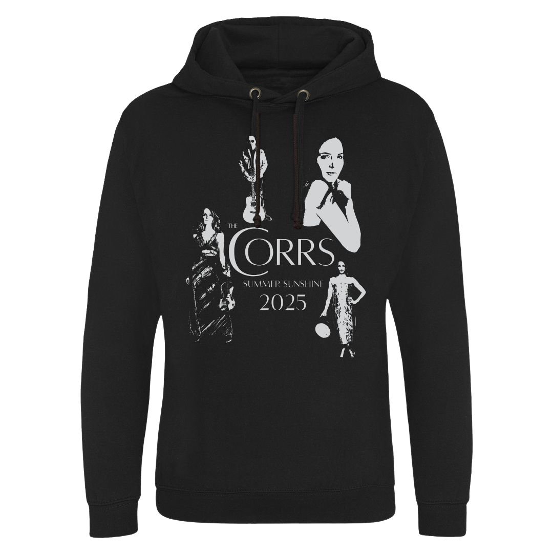 The Corrs 2025 Band Line Up Black Hoodie from The Corrs Store by National Merchandise features white silhouettes of four people and the text “The Corrs Summer Sunshine 2025,” shown on a bright green background.