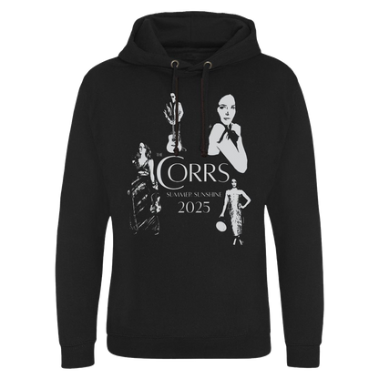 The Corrs 2025 Band Line Up Black Hoodie from The Corrs Store by National Merchandise features white silhouettes of four people and the text “The Corrs Summer Sunshine 2025,” shown on a bright green background.