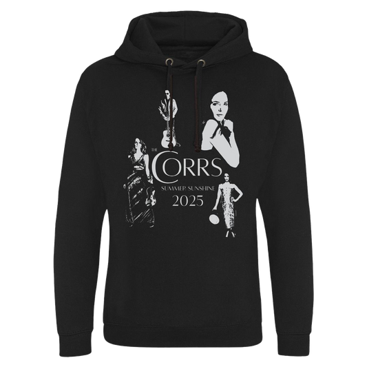 The Corrs 2025 Band Line Up Black Hoodie from The Corrs Store by National Merchandise features white silhouettes of four people and the text “The Corrs Summer Sunshine 2025,” shown on a bright green background.