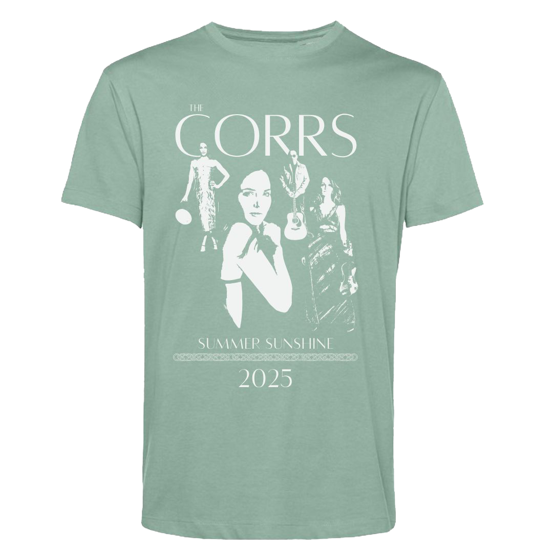 The Corrs 2025 Band Line Up Green T-Shirt from The Corrs Store by National Merchandise features a neon green design with The Corrs Summer Sunshine 2025 in white and images of three women with a guitar and tambourine.