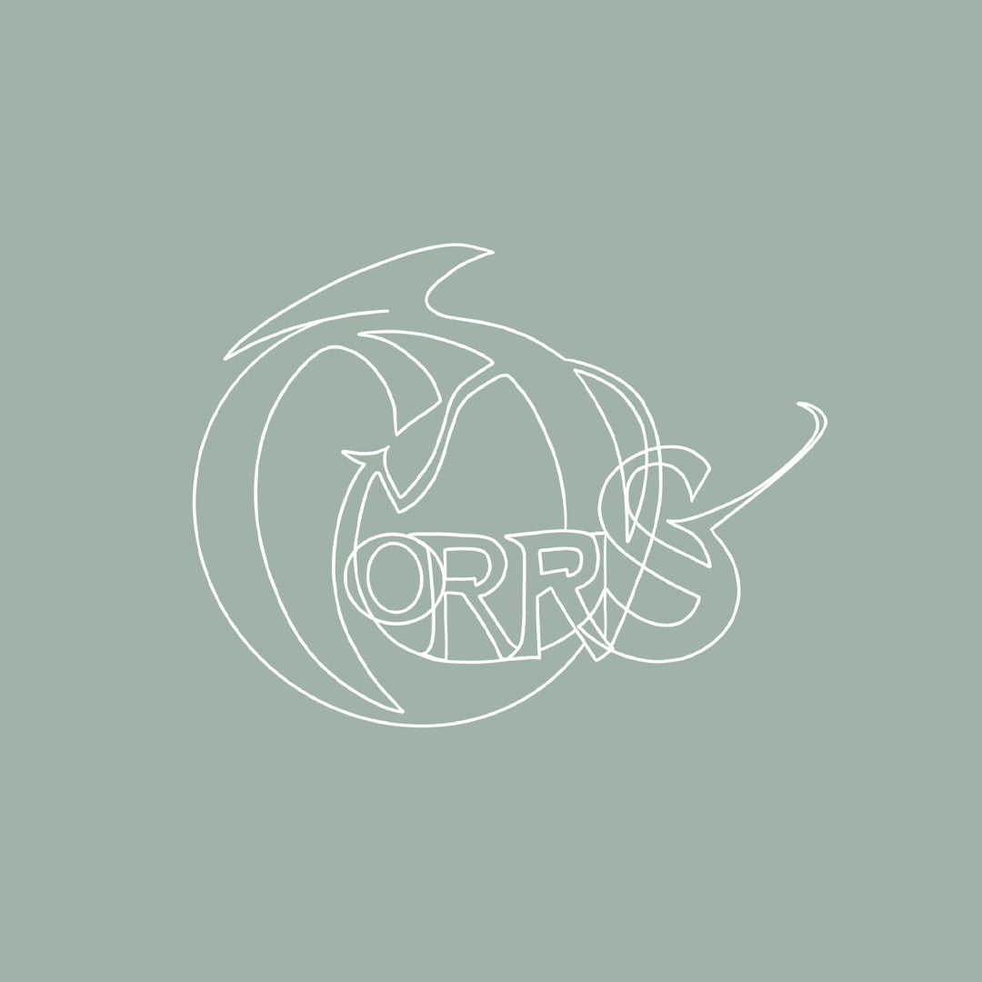 The Corrs Line Art Green Sweatshirt features white abstract line art spelling CORRS on a muted green background, printed on ultra-soft 280gsm ringspun cotton. Available from The Corrs Store by National Merchandise.