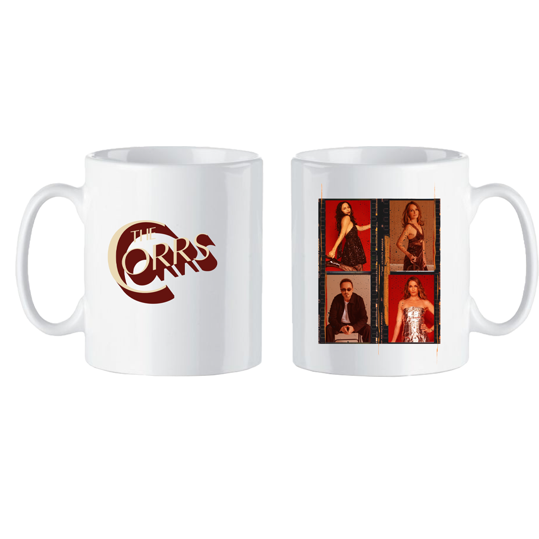 The Corrs Mug from The Corrs Store by National Merchandise features the band’s logo on one side and four separate photos of each member in rectangular frames with a red background on the other side.
