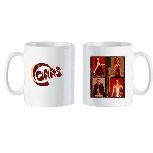 The Corrs Mug from The Corrs Store by National Merchandise features the band’s logo on one side and four separate photos of each member in rectangular frames with a red background on the other side.